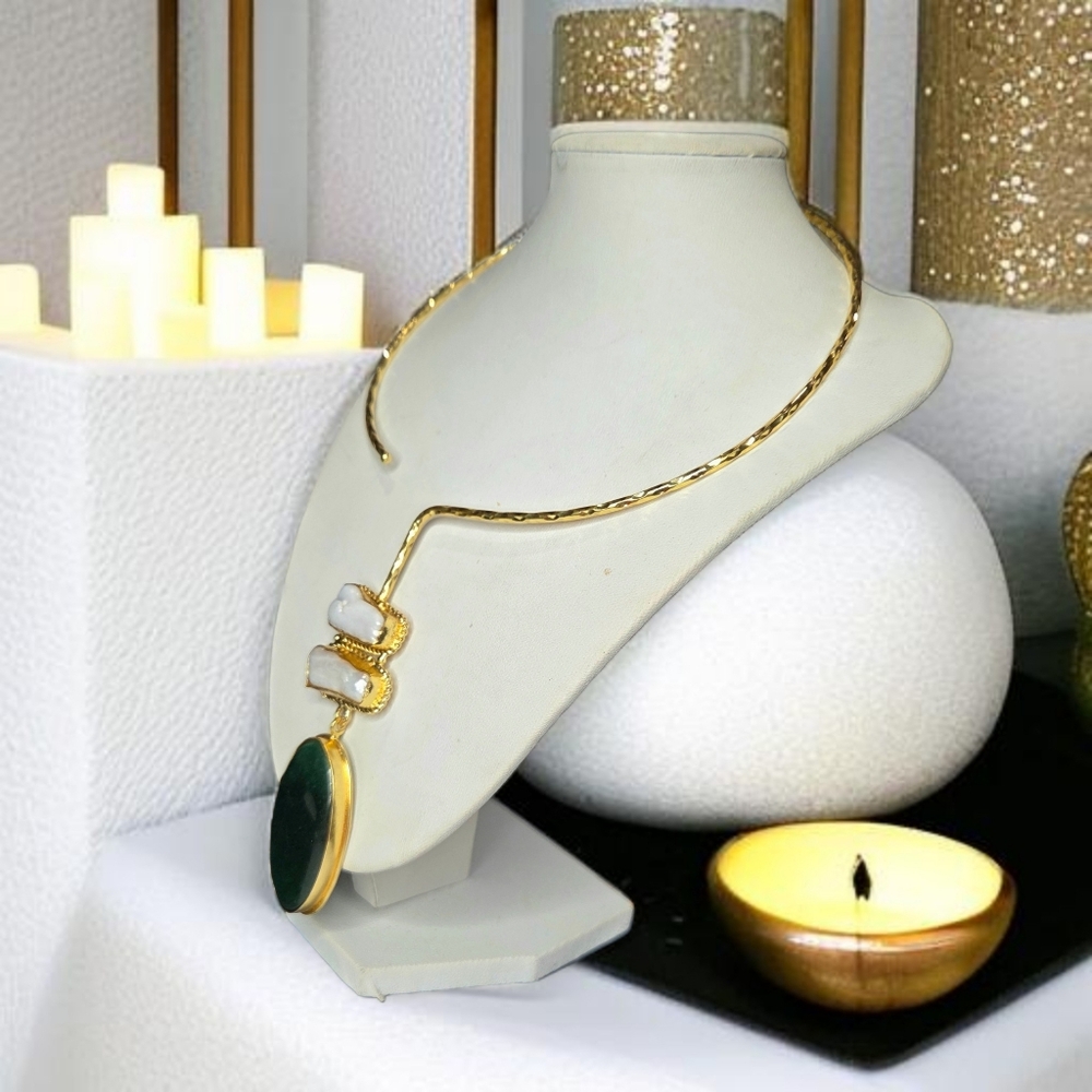18k Gold Plated Green Adventurine Pyrite Freshwater Pearl Torque Necklace - Picture 2 of 6